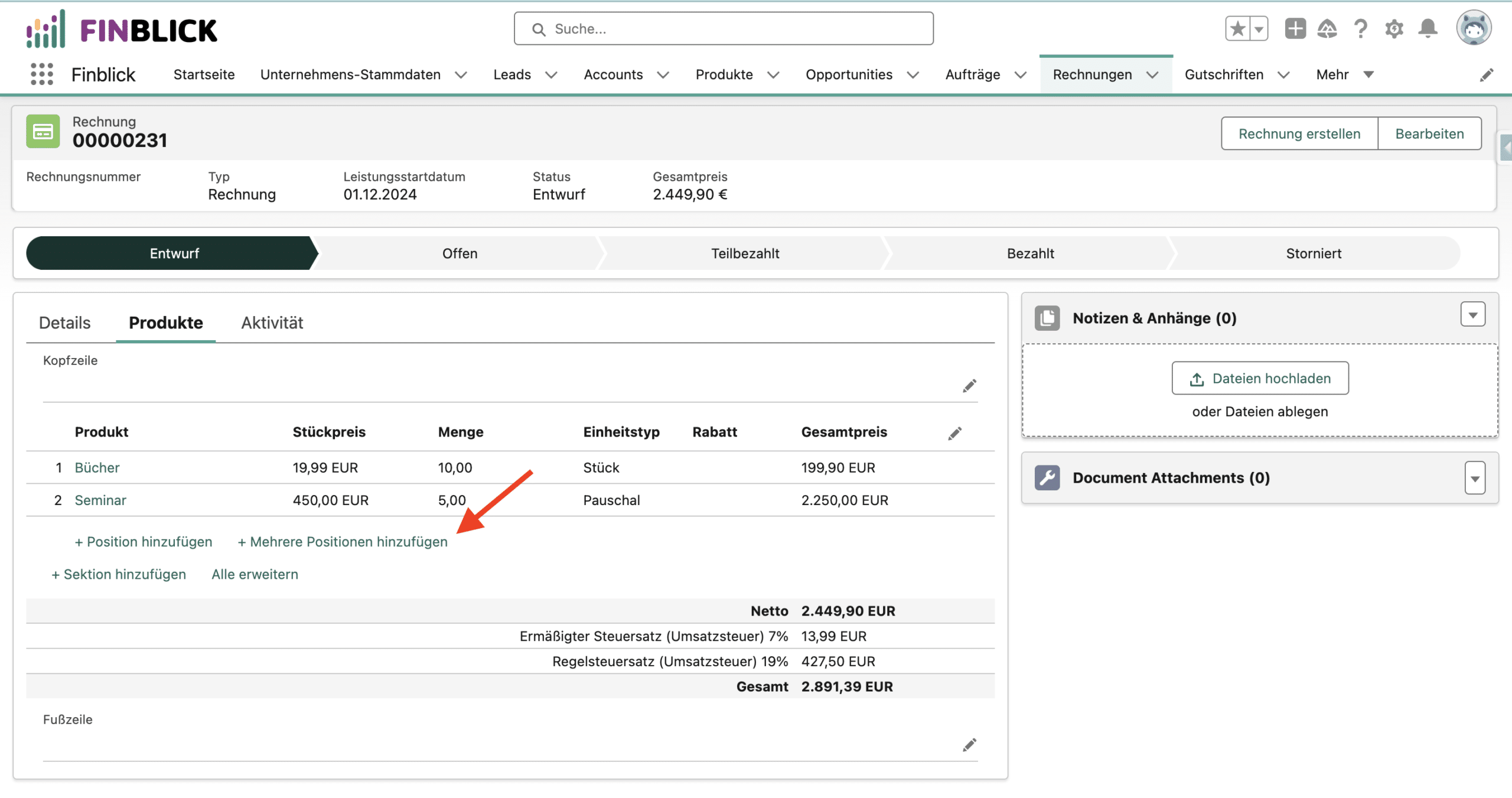 Screenshot aus dem Finblick TestDrive – Produkte hinzufügen