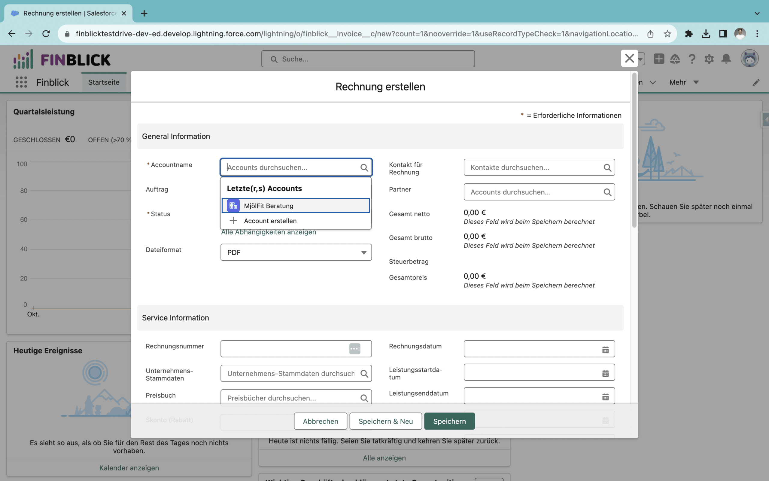 Screenshot aus dem Finblick TestDrive – das Rechnungsobjekt wird angelegt
