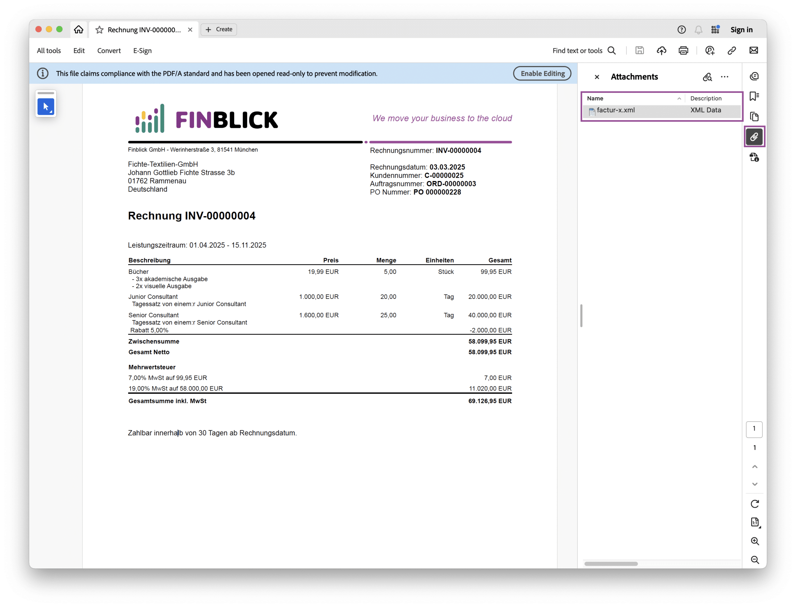 komplette ZUGFeRD-Rechnung (E-Rechnung mit Salesforce generiert) geöffnet im Acrobat Reader