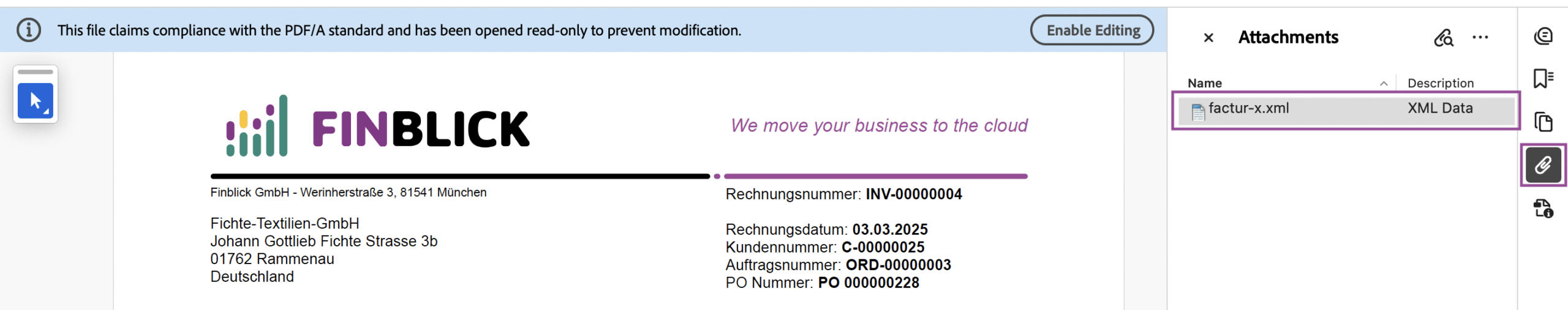 Ausschnitt aus einer mit Salesforce generierten ZUGFeRD-Rechnung (E-Rechnung) geöffnet im Acrobat Reader