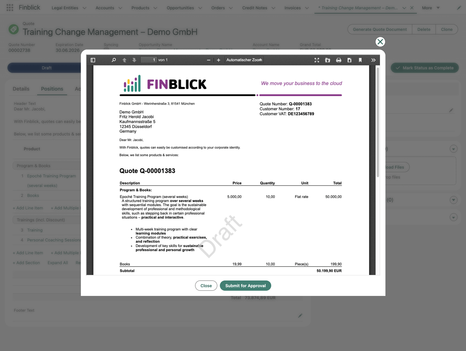 Screenshot of a quote with a customized design, created directly in Salesforce 