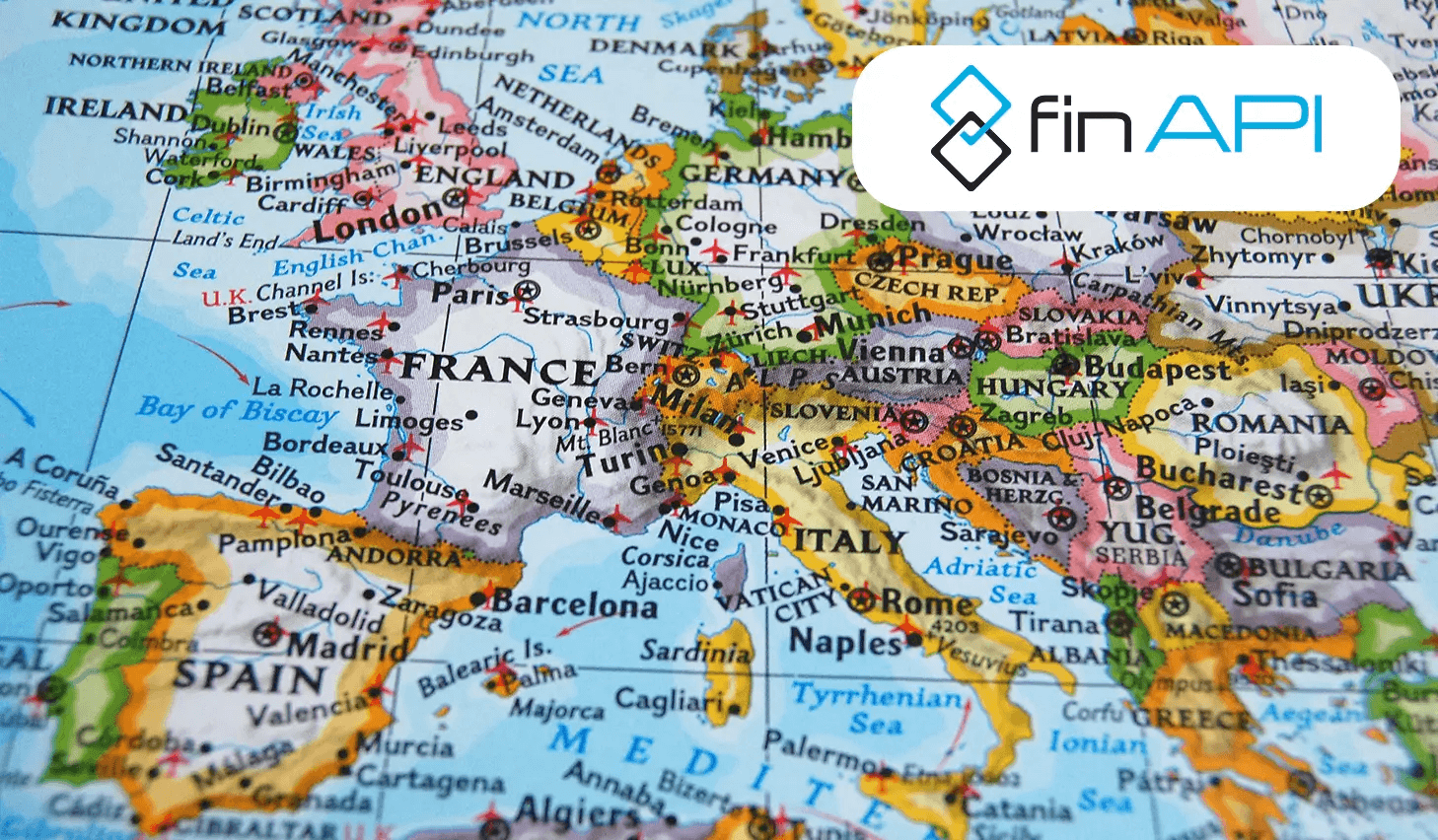 Karte von Europa mit dem FinAPI-Logo, das die umfassende Abdeckung des europäischen Bankensektors mit der Bankintegration von Finblick symbolisiert. Karte von Europa mit dem FinAPI-Logo, das die umfassende Abdeckung des europäischen Bankensektors mit der Bankintegration von Finblick symbolisiert.
