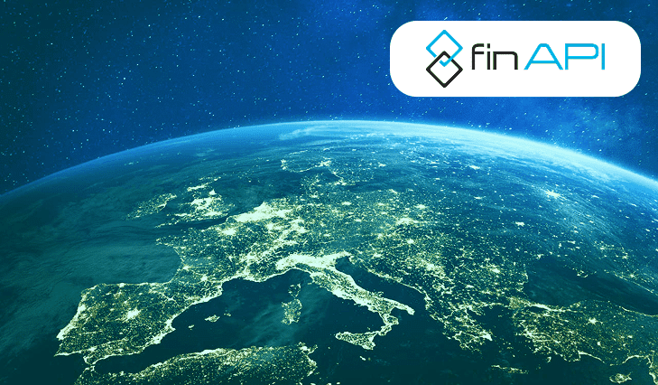 Satellite view of Europe at night with glowing city lights from space and the FinAPI logo in the upper corner. Satellite view of Europe at night with glowing city lights from space and the FinAPI logo in the upper corner.