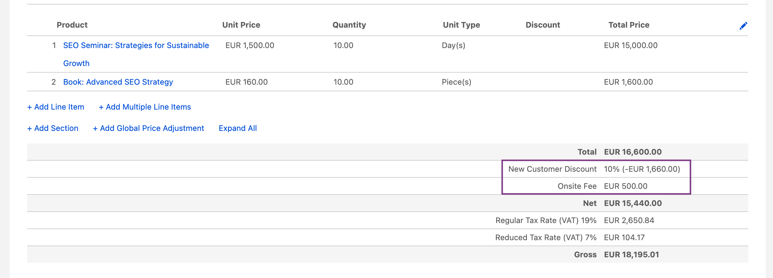 Global discounts and surcharges in Salesforce – screenshot of a sample invoice. Highlighted are the new customer discount, and the onsite surcharge.