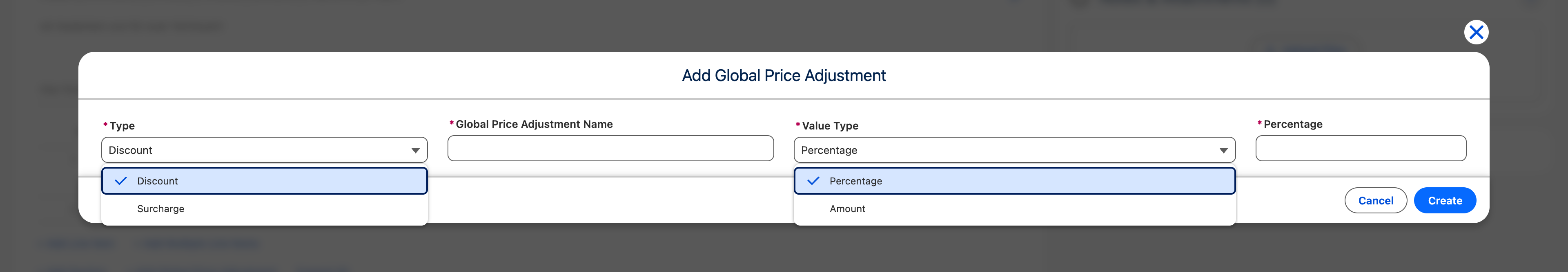 Globale Rabatte und Aufschläge in Salesforce – Screenshot der Benutzeroberfläche mit den Arten Rabatt & Aufschlag sowie Wert-Typen Prozentual & absolute Werte