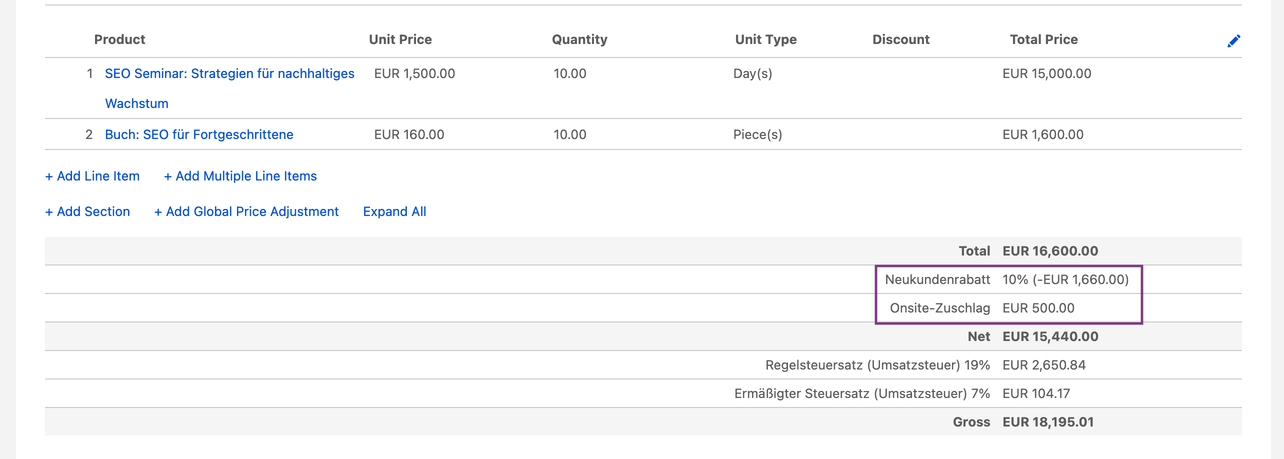 Globale Rabatte und Aufschläge in Salesforce – Screenshot einer Beispielrechnung. Markiert sind der Neukundenrabatt und der Onsite-Zuschlag