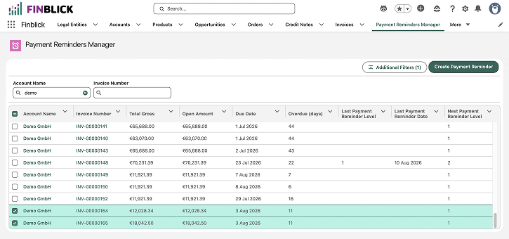Salesforce dashboard showing the Finblick Payment Reminders Manager interface with scheduled and automated dunning runs. Salesforce dashboard showing the Finblick Payment Reminders Manager interface with scheduled and automated dunning runs.
