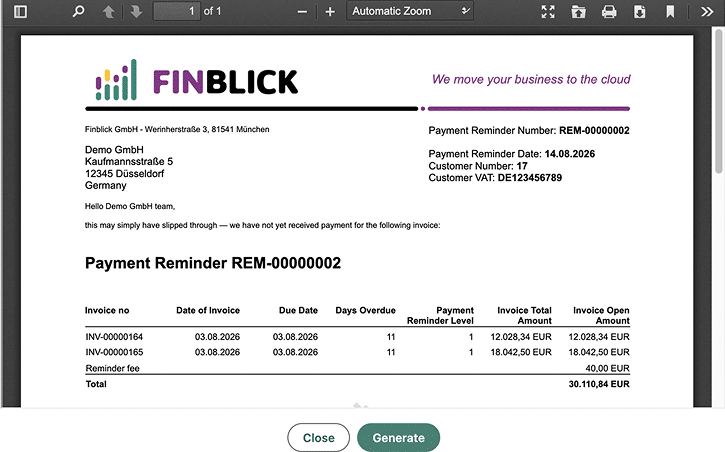 PDF preview of a branded payment reminder letter generated in Finblick with itemized invoice details. PDF preview of a branded payment reminder letter generated in Finblick with itemized invoice details.